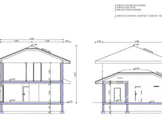 This architectural drawing showcases a multi-story house design with a clear breakdown of living spaces.