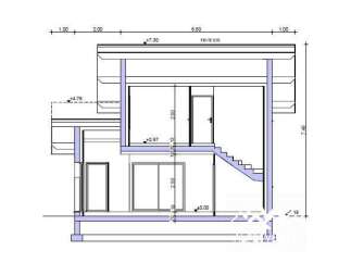 This architectural drawing showcases a modern multi-level home design, featuring a sleek roofline and expansive windows.