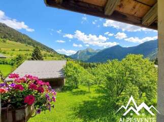 Experience breathtaking mountain views from this charming property, featuring a lush green lawn and vibrant flower baskets.