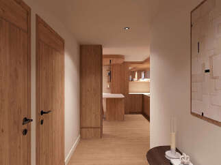 Step into a modern entryway featuring warm wood tones and sleek design.