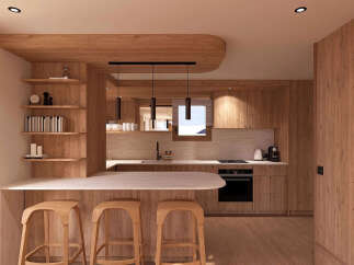 Experience modern living in this stunning kitchen featuring warm wood cabinetry and a sleek breakfast bar.