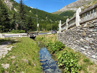 Discover this charming property nestled in a picturesque mountain setting, featuring a unique stone wall and rustic wooden bridge.