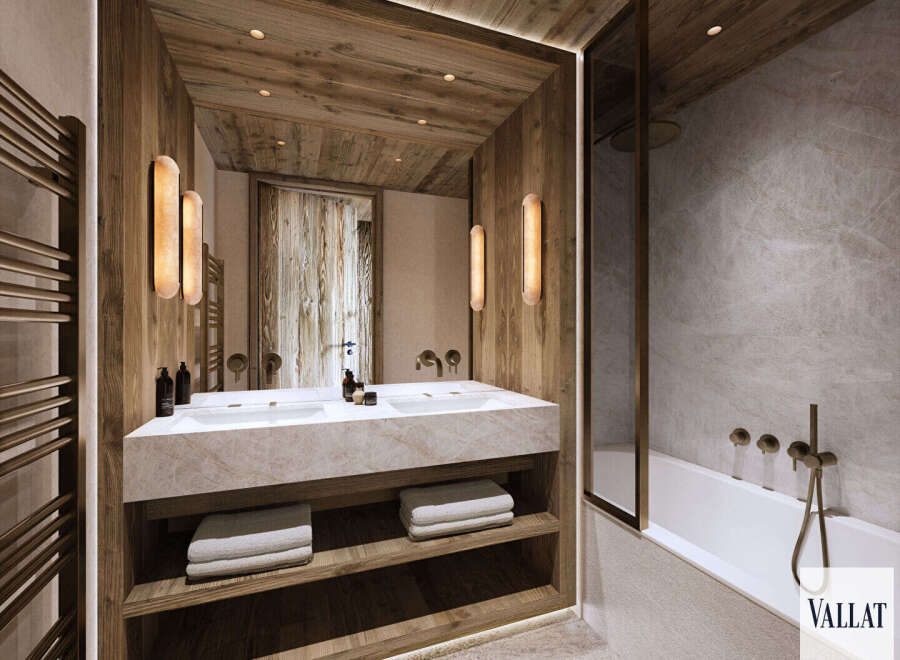 Experience luxury in this modern bathroom featuring a double vanity with a marble countertop and ample storage.