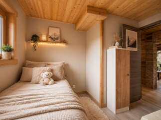Experience cozy mountain living in this charming bedroom, featuring a comfortable bed adorned with plush pillows and a soft throw.