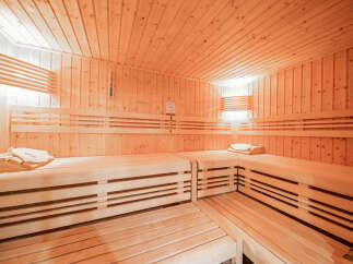 Experience ultimate relaxation in this luxurious wooden sauna, featuring multiple tiers of comfortable seating perfect for unwinding.