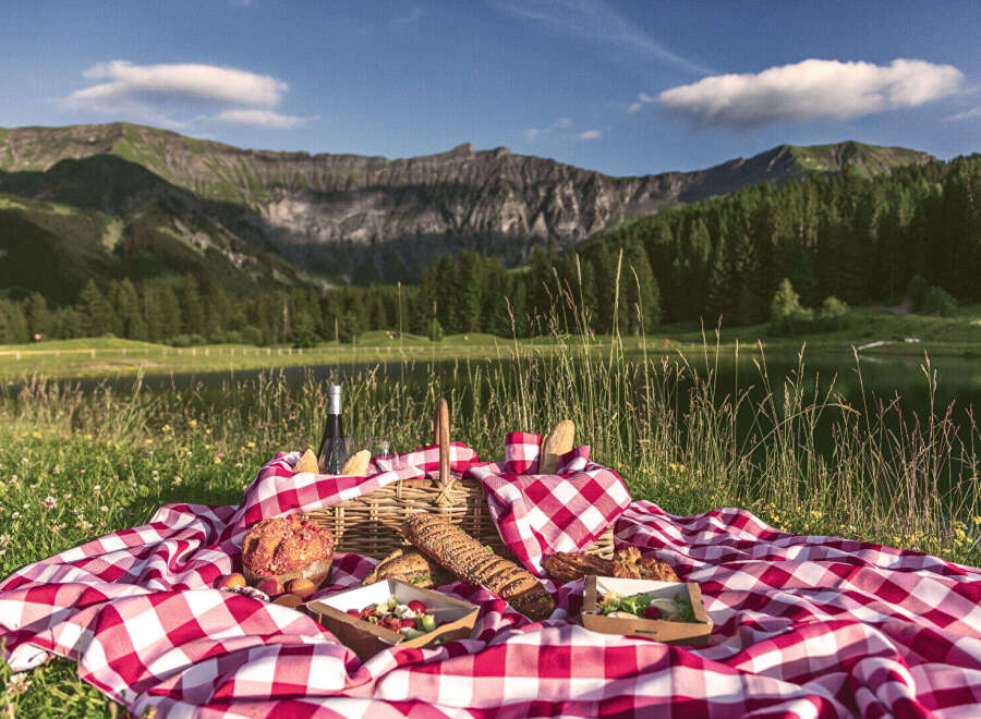 Experience the ultimate outdoor living with a picturesque picnic setup overlooking a serene lake and majestic mountains.