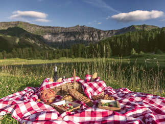Experience the ultimate outdoor living with a picturesque picnic setup overlooking a serene lake and majestic mountains.