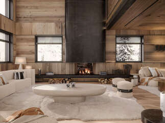 Experience ultimate comfort in this luxurious mountain retreat, featuring a stunning floor-to-ceiling fireplace as the centerpiece of the living room.