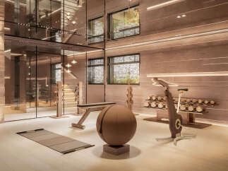 Experience luxury fitness in this state-of-the-art home gym, featuring a comprehensive collection of free weights, a sleek exercise bike, and a comfortable workout bench.
