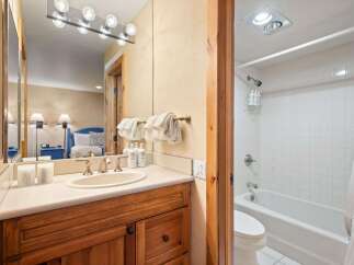 This charming bathroom features a spacious vanity with ample counter space and a wooden cabinet, perfect for storage.