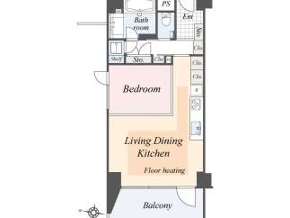 Discover this charming apartment featuring a spacious bedroom and an open-plan living, dining, and kitchen area with floor heating.