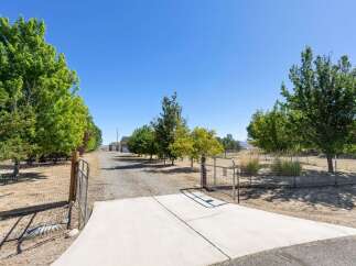 Welcome to this expansive property featuring a long, tree-lined driveway leading to a spacious home and garage.