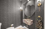 This powder room features a striking dark textured wallpaper that adds depth and sophistication.