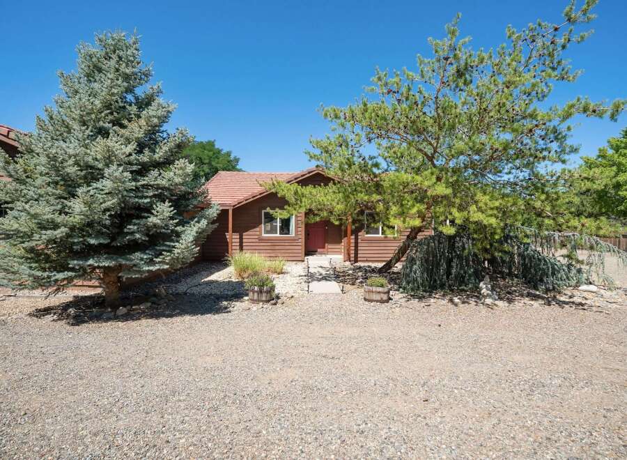 Charming wooden cabin nestled amongst mature trees, offering a serene and private retreat.