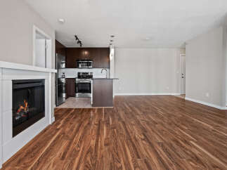 Experience modern living in this spacious open-concept home featuring a cozy fireplace and a sleek, contemporary kitchen.