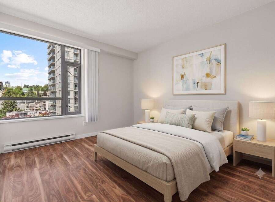 Experience modern urban living in this beautifully appointed bedroom, featuring a large window with stunning city views.