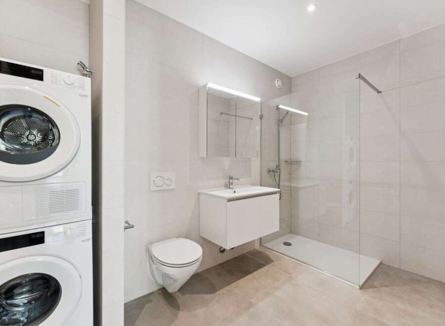 This modern bathroom features a stacked washer and dryer for ultimate convenience.