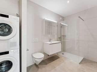 This modern bathroom features a stacked washer and dryer for ultimate convenience.