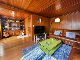 This cozy living room features warm wood paneling on the walls and ceiling, creating a rustic and inviting atmosphere.