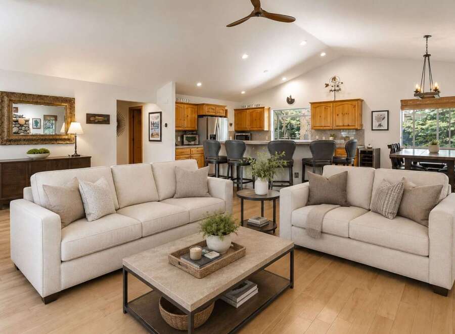 Experience open-concept living in this beautifully appointed home, featuring a spacious living area that seamlessly flows into a modern kitchen with a breakfast bar.