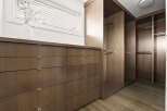 Discover ample storage solutions in this modern walk-in closet, featuring a sleek dresser with multiple drawers and built-in shelving with hanging rods.