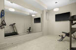 This home gym features a spacious layout with a large mirror, a treadmill, and a weight bench, perfect for your fitness routine.
