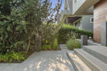 Modern concrete steps lead to the entrance of this stunning home, flanked by lush greenery and mature trees.
