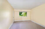 This spacious room features a large window offering abundant natural light and views of lush greenery.