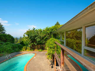 Enjoy a refreshing dip in the sparkling pool, surrounded by lush greenery and mature trees.