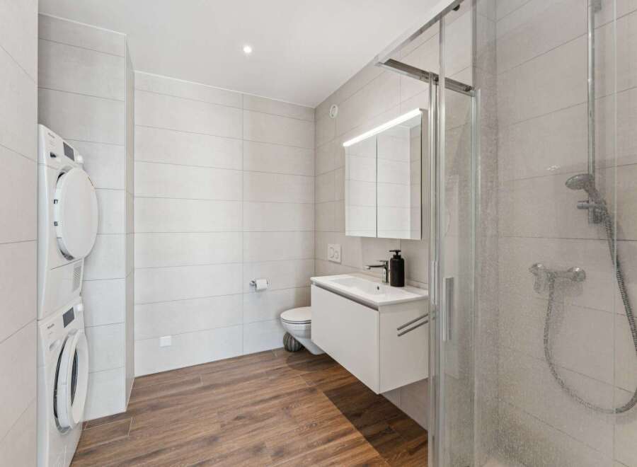 This modern bathroom features a stacked washer and dryer for ultimate convenience.