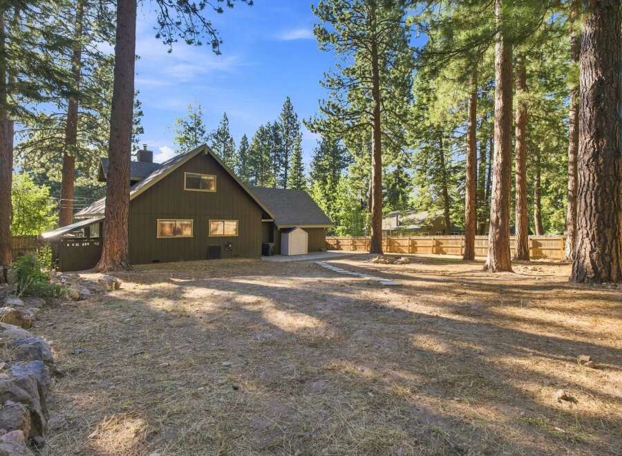 Nestled amidst towering pine trees, this charming home offers a serene retreat with its rustic exterior and spacious backyard.