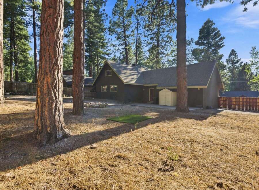 Nestled among tall pine trees, this charming home offers a serene retreat.