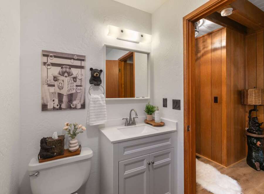This charming bathroom features a whimsical bear-themed decor, including a playful wall art and a unique tissue box holder.