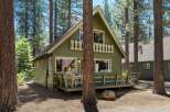 Charming green cabin nestled among tall pine trees, featuring a welcoming front porch with outdoor seating and string lights.