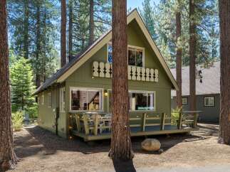 Charming green cabin nestled among tall pine trees, featuring a welcoming front porch with outdoor seating and string lights.