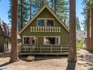 Charming green cabin nestled among tall pine trees, featuring a welcoming front porch with outdoor seating and string lights.