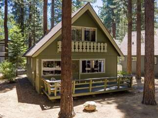Nestled amongst tall pine trees, this charming green cabin offers a serene retreat.