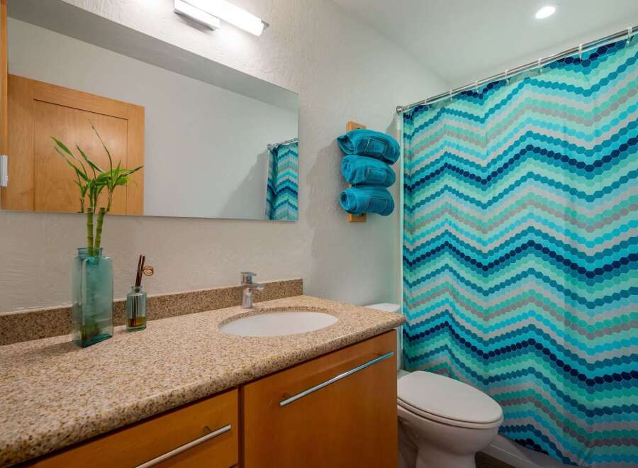 This modern bathroom features a sleek vanity with a granite countertop and ample storage.