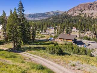 Nestled amidst towering pine trees and a majestic mountain backdrop, this property offers a serene escape.