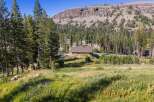 Nestled amidst towering pine trees and a majestic mountain backdrop, this charming wooden cabin offers a serene mountain retreat.