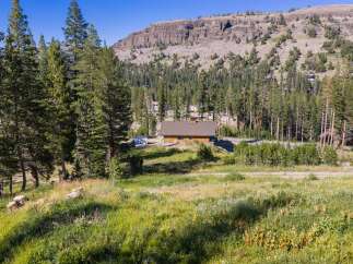 Nestled amidst towering pine trees and a majestic mountain backdrop, this charming wooden cabin offers a serene mountain retreat.
