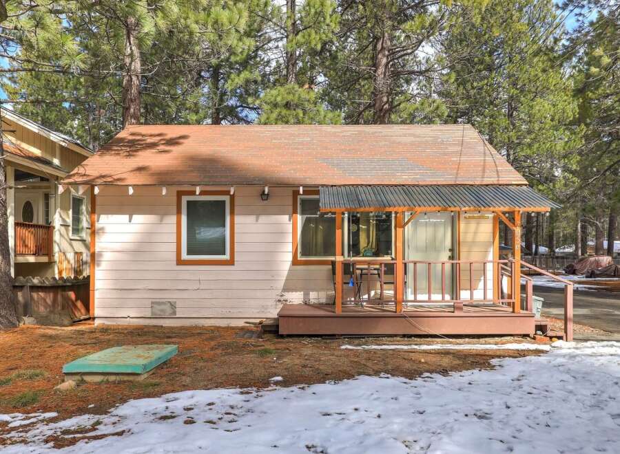Charming cabin nestled among tall pine trees, offering a cozy retreat.