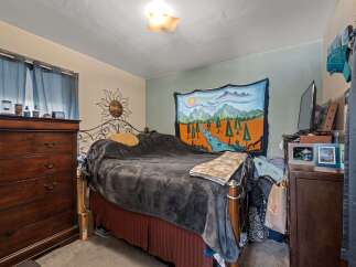 Discover a cozy bedroom featuring a comfortable bed adorned with a plush grey blanket and decorative pillows.