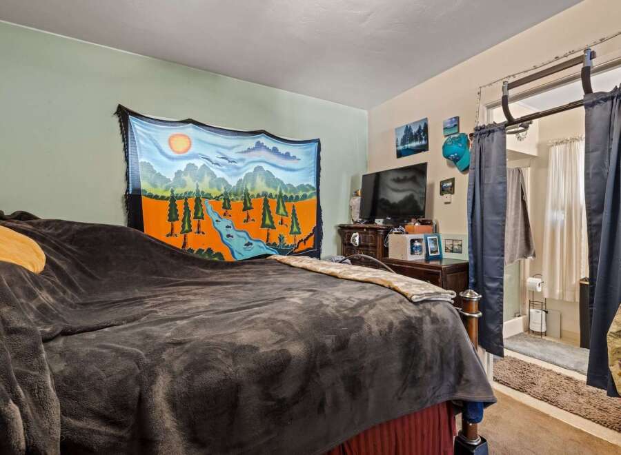 This cozy bedroom features a comfortable bed adorned with plush blankets and a vibrant tapestry depicting a serene river landscape.