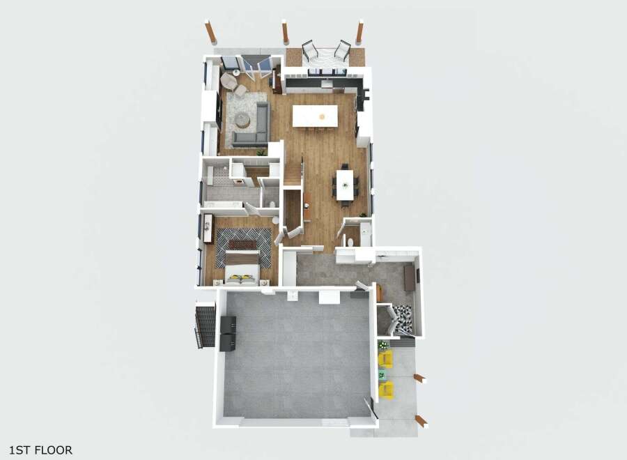 Discover this stunning 1st-floor floor plan featuring an open-concept living area with a modern kitchen, dining space, and a cozy living room perfect for entertaining.