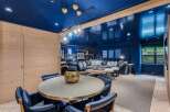 Experience luxurious living in this stunning entertainment space, featuring a deep navy blue ceiling and walls that create a dramatic and sophisticated ambiance.