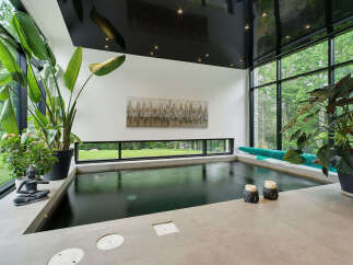 Experience ultimate relaxation in this indoor oasis, featuring a sleek, dark-water pool surrounded by lush greenery and expansive windows.