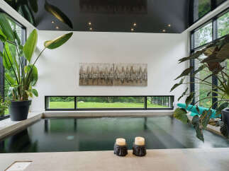 Experience ultimate relaxation in this indoor oasis, featuring a sleek, dark-water pool surrounded by lush greenery and expansive windows.