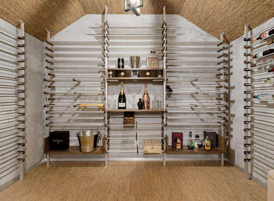 Discover this exquisite wine cellar, featuring a sophisticated racking system designed to elegantly display your collection.