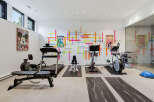 This modern home gym features a variety of cardio equipment including a treadmill, elliptical, and stationary bike, perfect for a full-body workout.